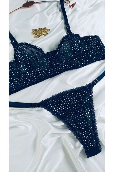 mendoza store Navy Blue Women's Polka Dot Underwire Bra Suit