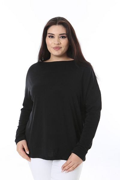 Şans Women's Plus Size Black Crew Neck Long Sleeve Blouse 65N38538