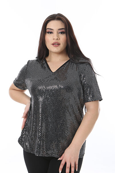 Şans Γυναικεία Μπλούζα Plus Size Ασημί V λαιμόκοψη με παγιέτες 65N38510