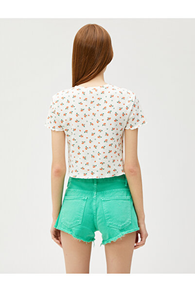 Koton Crop Tričko Květinové Crew Neck Krátký Rukáv Bavlna