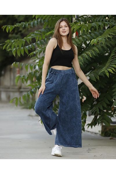 Sosyete Kaplumbağa Authentic 100% Cotton Pocket Washed Knitwear Wide Leg Trousers