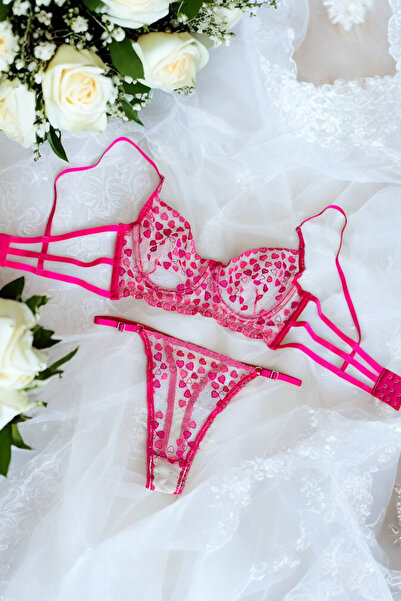 Luvensa Pembe Kalp Desenli Dantelli Bralet Takım (Sütyen & Tanga)
