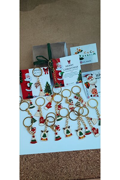 cacatasarım Yılbaşı Figürleri Anahtarlık Charm Çanta Süsü 10 Adet Karışık Kartlı ve Kutulu Hediyelik Christmas