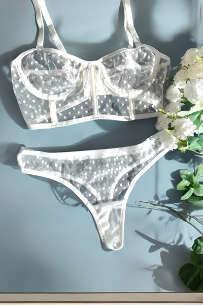 Luvensa Beyaz Puantiyeli Büstiyer Bralet Takım (Sütyen & Tanga)
