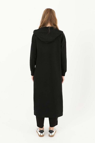 Puane Cardigan negru cu glugă - Detaliu etichetă, nasturi, buzunar lung, femei 15179