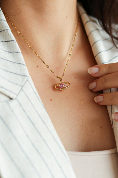 ATALYA ACCESSORY Aşk Gezegeni Gold Renk Kalpli Kadın Kolye - Pembe Taşlı Aşk