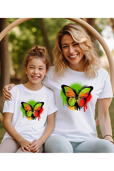 ASELİNDA تي شيرت مطبوع عليه فراشة للأم والابنة - منتج واحد يضيف إلى سلتين للتجميع