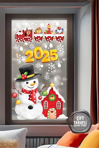 AlyMarkt زينة زجاجية للعام الجديد لعام 2025 - رجل ثلج وقطار - ملصق مزدوج الجوانب 100% مقاس 89x29