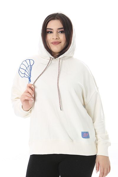 Şans Women's Plus Size Bone Shoulder Embroidery and Back Print Detail Hooded Sweatshirt 65N38625
