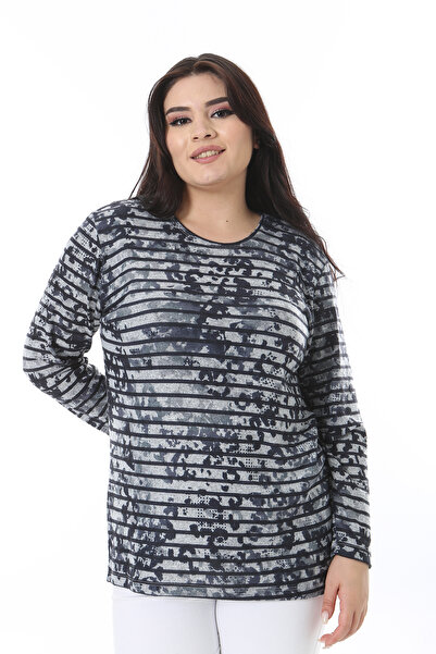 Şans Women's Plus Size Colorful Crew Neck Long Sleeve Print Blouse 65N38637