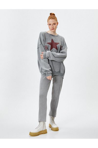 Koton Faded Effect Oversize Sweatshirt with Rose Gold Long Sleeve Crew Neck Printed