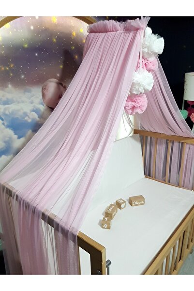 Baby Clime Bebek Lüks Cibinlik Takımı - Açık Pembe ve Beyaz Dört Ponponlu - 6...