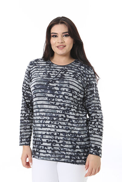 Şans Women's Plus Size Colorful Crew Neck Long Sleeve Print Blouse 65N38637