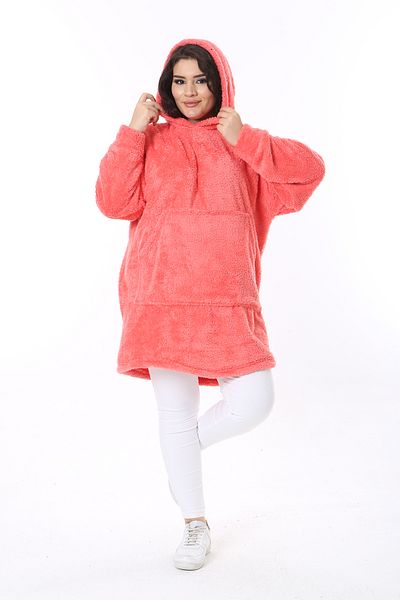 Şans Women's Plus Size Pink Hooded Plush Sweatshirt 65N38573
