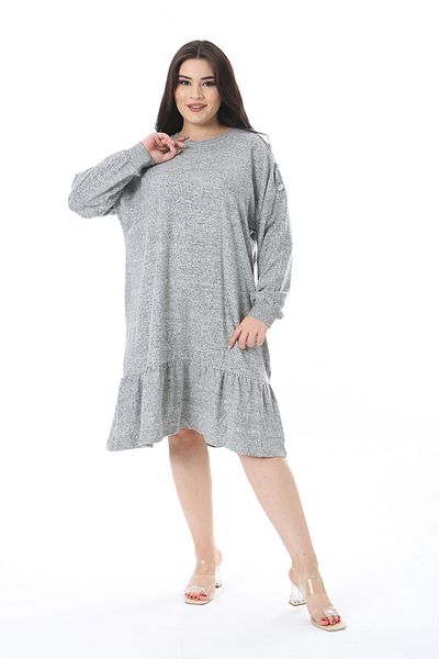 Şans Women's Plus Size Gray Wool Viscose Fabric Shoulder Trim Button Dress 65N38597