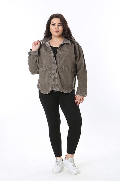 Şans Women's Plus Size Khaki Front Button Pocket Denim Shirt Coat 65N38681