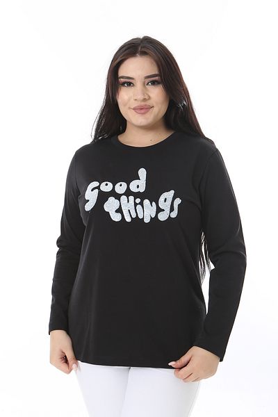 Şans Women's Plus Size Black Sequin Detailed Sweatshirt 65N38685