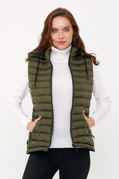 DYNAMO Dámska khaki puffer vesta s fleecovou vnútornou kapucňou