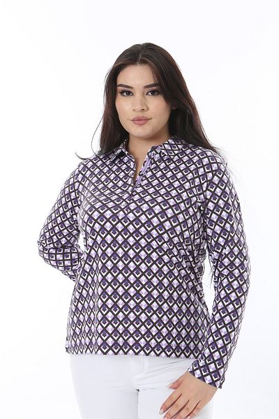 Şans Women's Plus Size Purple Front Placket Button Shirt Collar Lycra Blouse 65N38641
