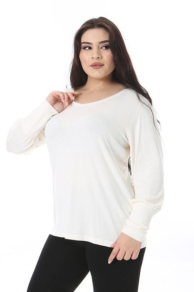 Şans Women's Plus Size Bone Crew Neck Long Sleeve Lycra Blouse 65N38546