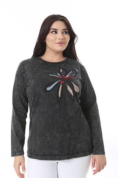 Şans Women's Plus Size Anthracite Washing Effect Printed Sweatshirt 65N38631