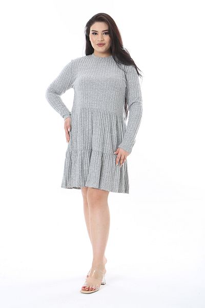 Şans Women's Plus Size Grey Wool Viscose Fabric Layered Dress 65N38596