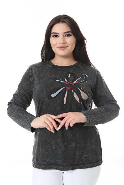 Şans Women's Plus Size Anthracite Washing Effect Printed Sweatshirt 65N38631