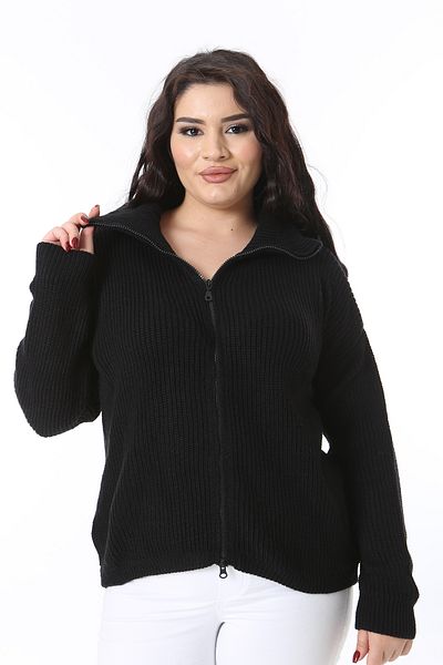 Şans Women's Large Size Black Front Zip Knitwear Cardigan 65N38565