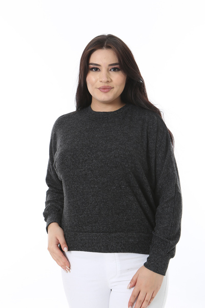 Şans Women's Plus Size Anthracite Soft Fabric Bat Sleeve Blouse 65N38636