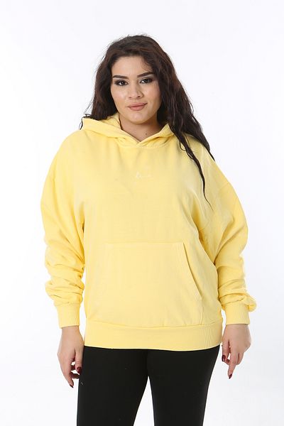 Şans Yellow Plus Size Hoodie with Kangaroo Pocket Sweatshirt - 3 Thread 65N38607