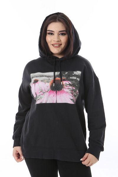 Şans Women's Plus Size Black Hooded Front Printed Sweatshirt 65N38687