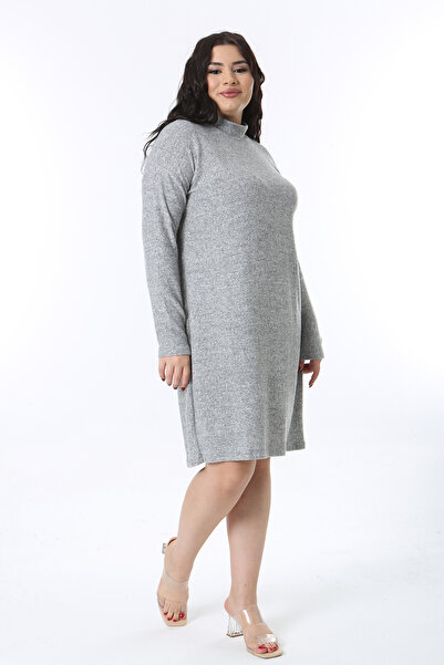 Şans Жіноче велике розмір Сірий м'який матеріал Без коміра Довгі рукави Сукня 65N38591