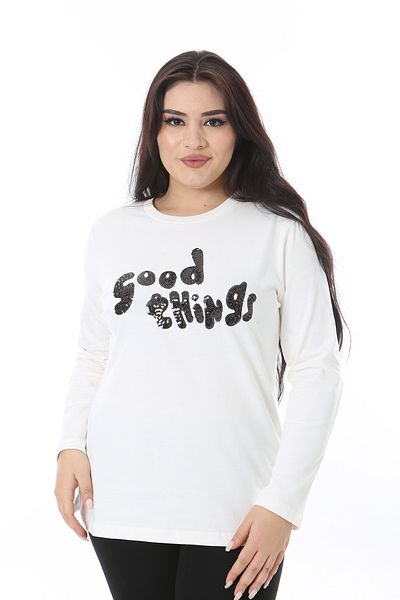 Şans Women's Plus Size Bone Sequin Detailed Sweatshirt 65N38685
