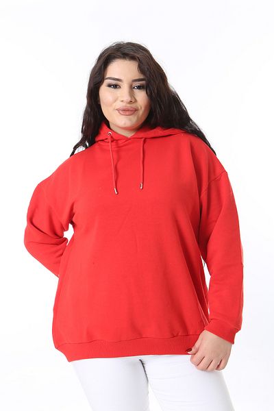 Şans Women's Plus Size Red Inner Raised Hooded Back Printed Sweatshirt 65N38614