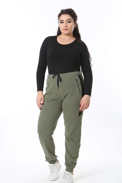 Şans Γυναικεία Φούτερ Χακί Plus Size - Φερμουάρ, Λεπτομέρεια Κυπέλλου, Δαντέλα στη μέση 65N38656