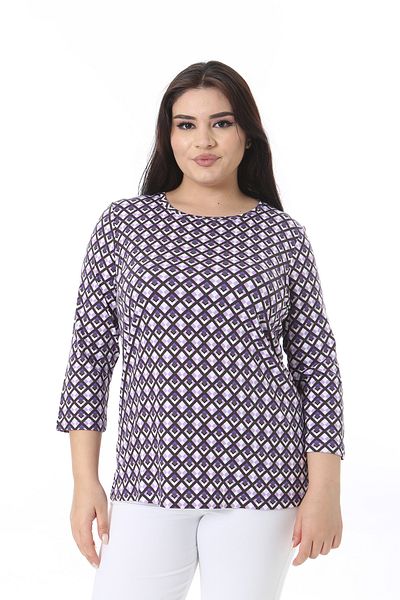 Şans Women's Plus Size Purple Crew Neck Long Sleeve Print Blouse 65N38639
