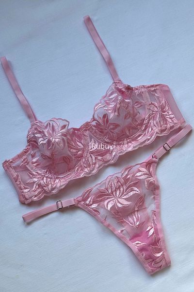 Rubuvi Powder Women's - Rose and Lace Bralet, Dowry Sexy Fancy Underwear Bra and Panty Set