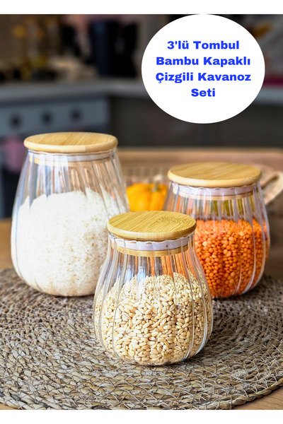 BRE HOME 3'lü tombul cam bambu kapaklı origami çizgili çay kahve şeker bakliyat erzak kavanozu