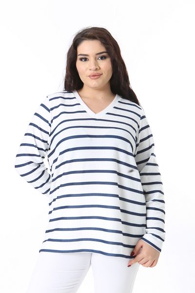 Şans Women's Plus Size Bone V-Neckline Stripe Tunic 65N38570