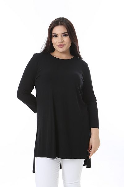 Şans Women's Plus Size Black Crew Neck Capri Sleeve Long Back Lycra Blouse 65N38655