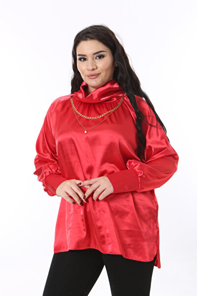 Şans Women's Plus Size Red Collar Detail Satin Blouse 65N38706