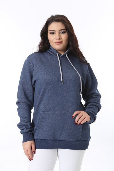Şans Plus Size Indigo Hooded Sweatshirt - Raster, Kangaroo Pocket, 3 Thread 65N38618