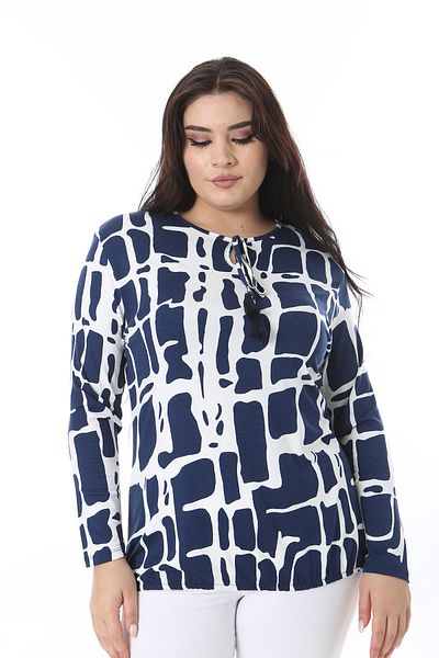 Şans Women's Plus Size Navy Blue Neckline Lace-Up Hem Elastic Lycra Blouse 65N38645