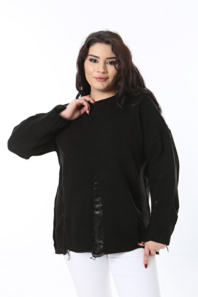 Şans Women's Plus Size Black Ripped Detail Knitwear Sweater 65N38563