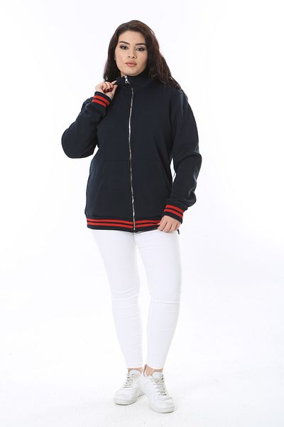 Şans Women's Large Size Navy Blue Front Zip-Up Sweatshirt 65N38698