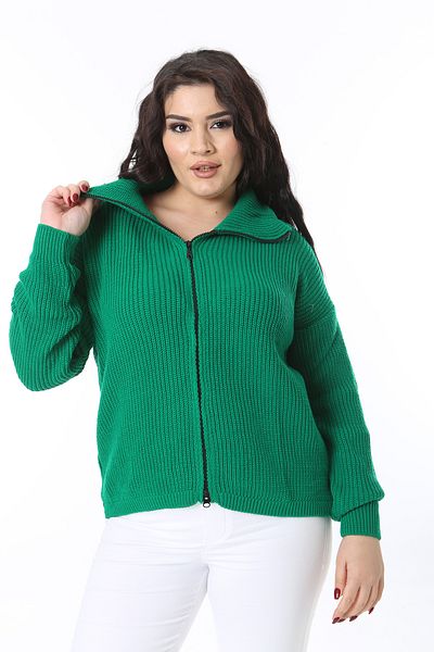 Şans Women's Plus Size Green Front Zip Knitwear Cardigan 65N38565