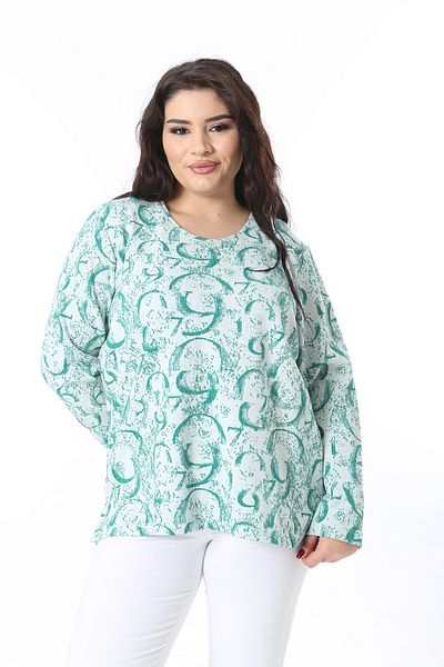 Şans Women's Plus Size Green Crew Neck Print Blouse 65N38650