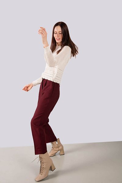 NİLİST High Waist Belted Carrot Fabric Trousers - Claret Red