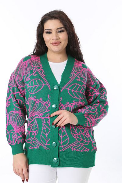 Şans Women's Plus Size Green Front Button Knitwear Cardigan 65N38572