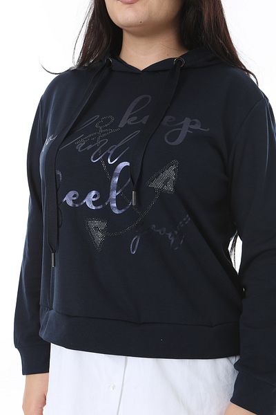 Şans Women's Plus Size Navy Blue Bottom Detachable Shirt Look Sweatshirt 65N38629
